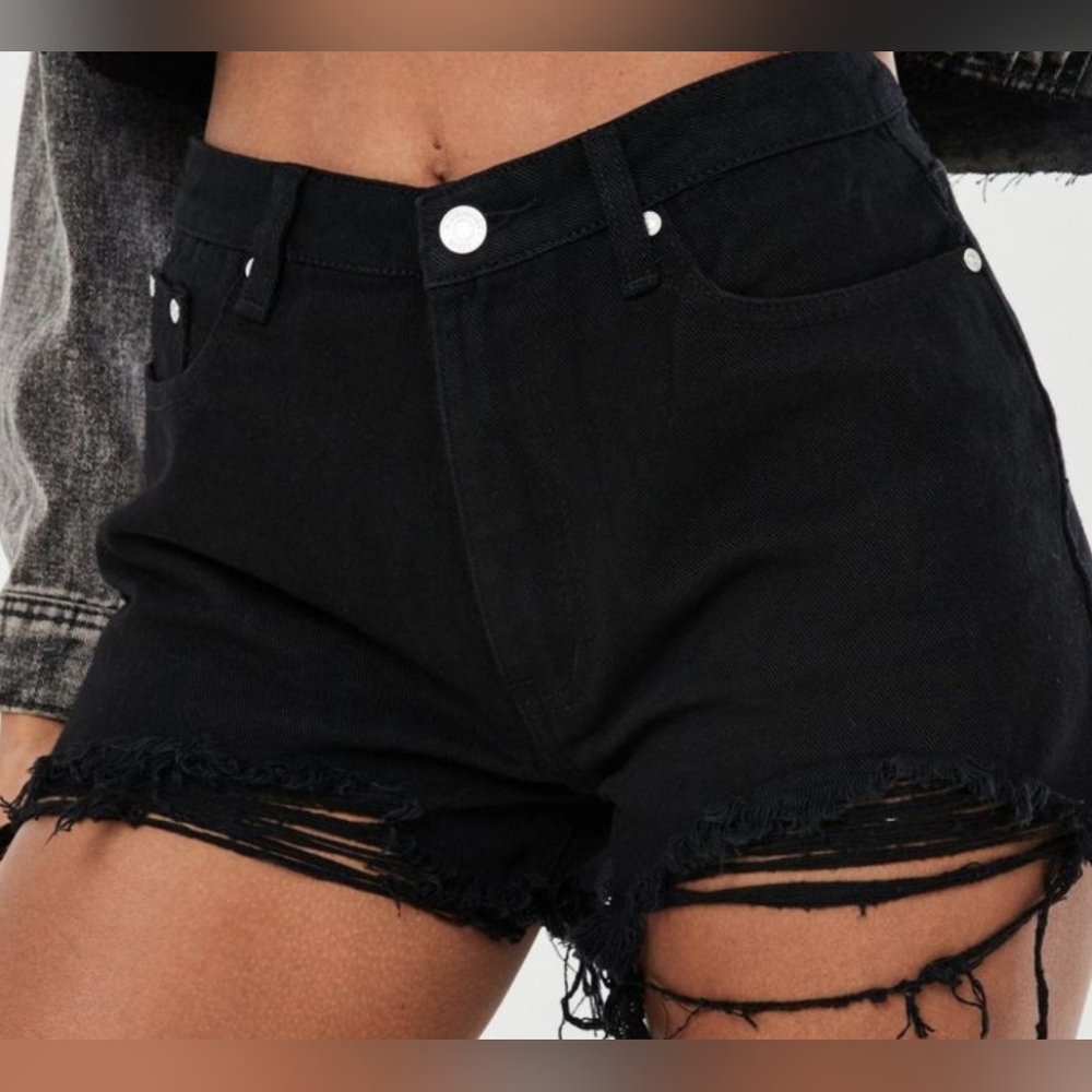 Missguided - Tall Black Extreme Ripped Hem High Waist Denim Shorts Size 12EU